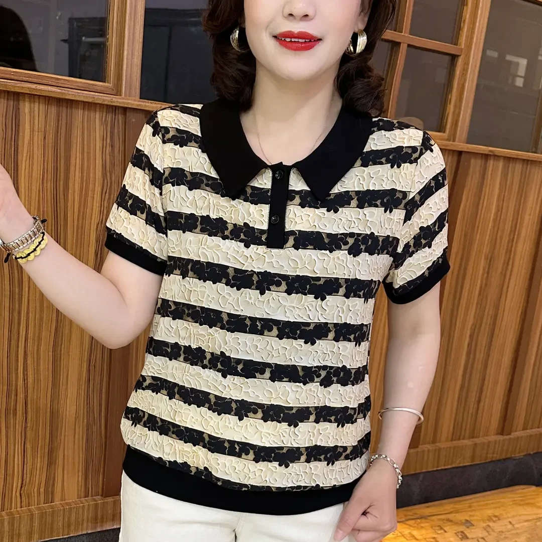 夏季中老年妈妈装新款休闲宽松条纹百搭娃娃领短袖上衣潮牌女装