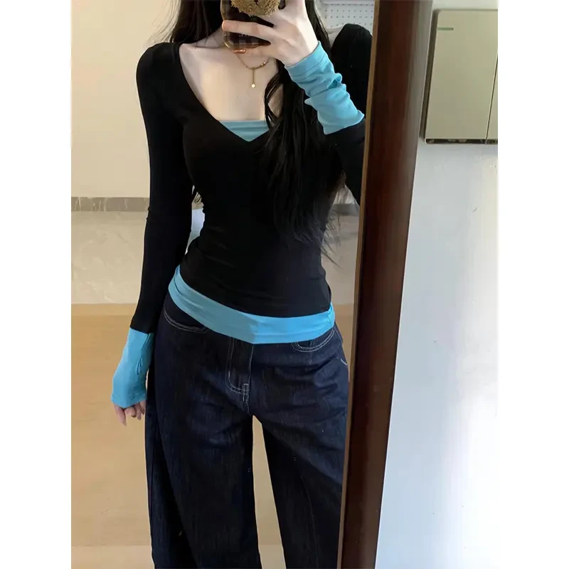 美式辣妹撞色假两件V领长袖t恤女秋装新款修身显瘦内搭打底衫上衣
