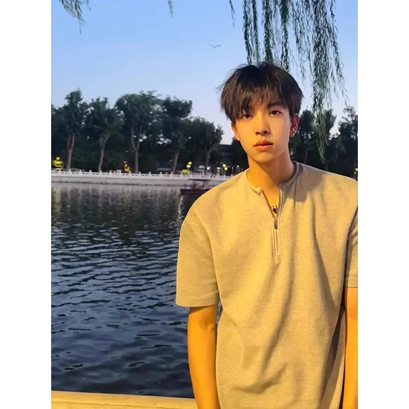 亨利领垫肩短袖polo衫男高级感半拉链五分袖美式重磅百搭半袖T恤