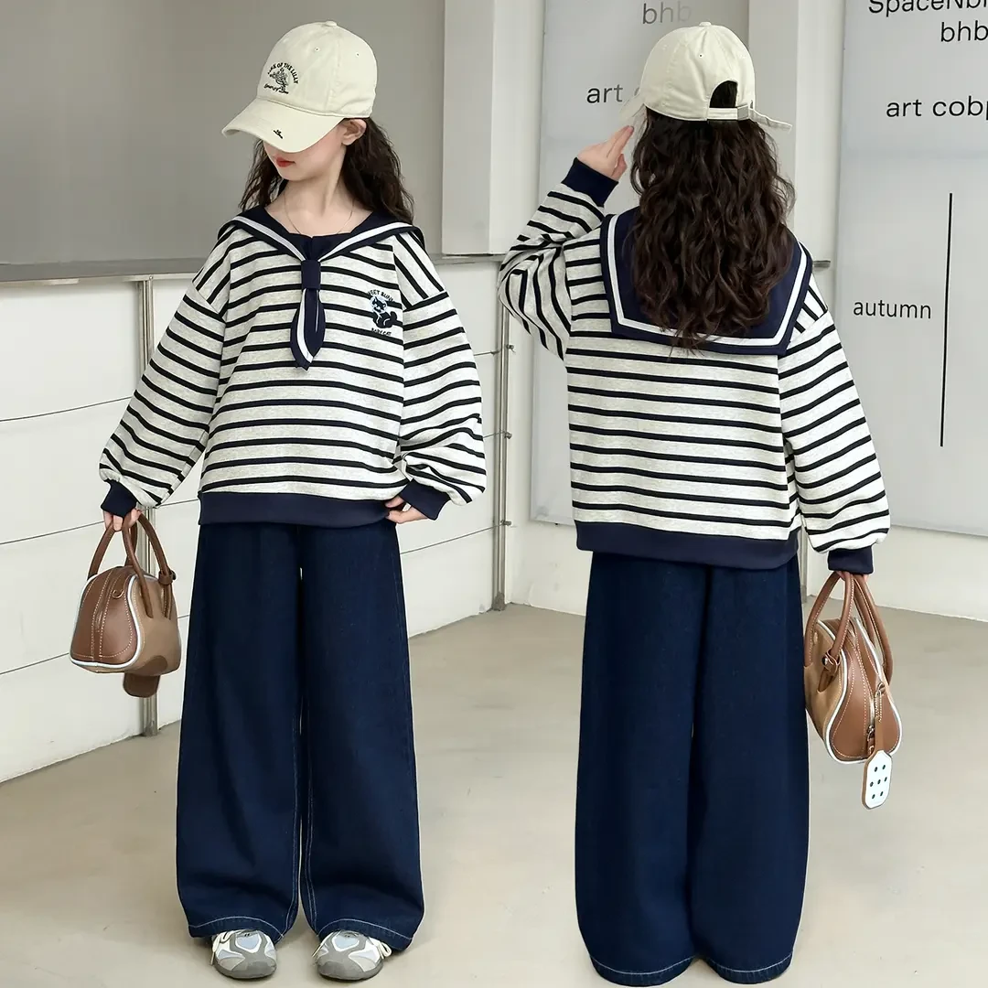 女童套装秋装2025新款中大童6-12岁潮款春秋季休闲条纹学院风衣服