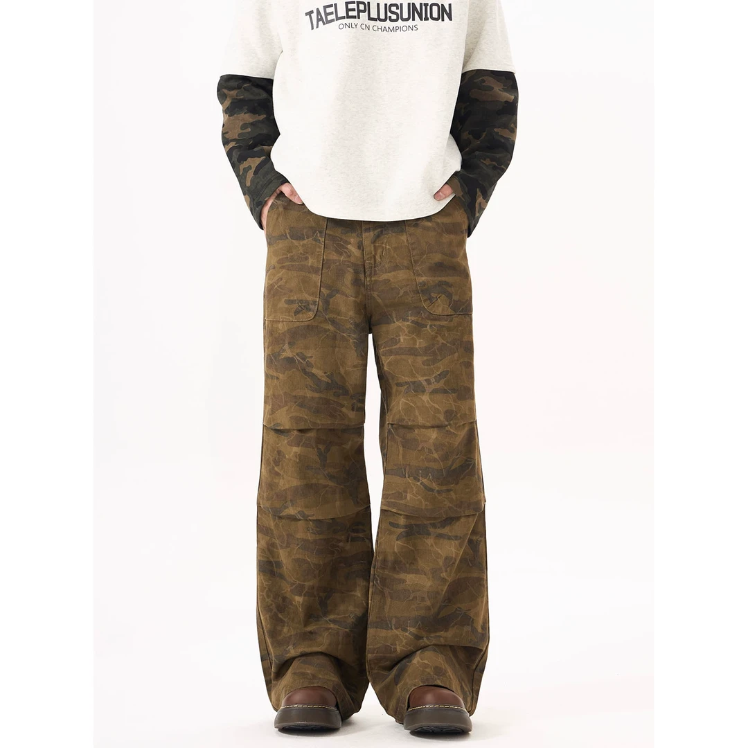 ISTURE美式复古迷彩褶皱废土风工装裤男女款直筒显瘦阔腿休闲裤潮