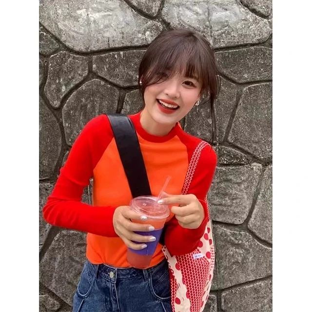 长袖打底衫女秋冬2024新款撞色插肩红色t恤修身内搭正肩显瘦上衣