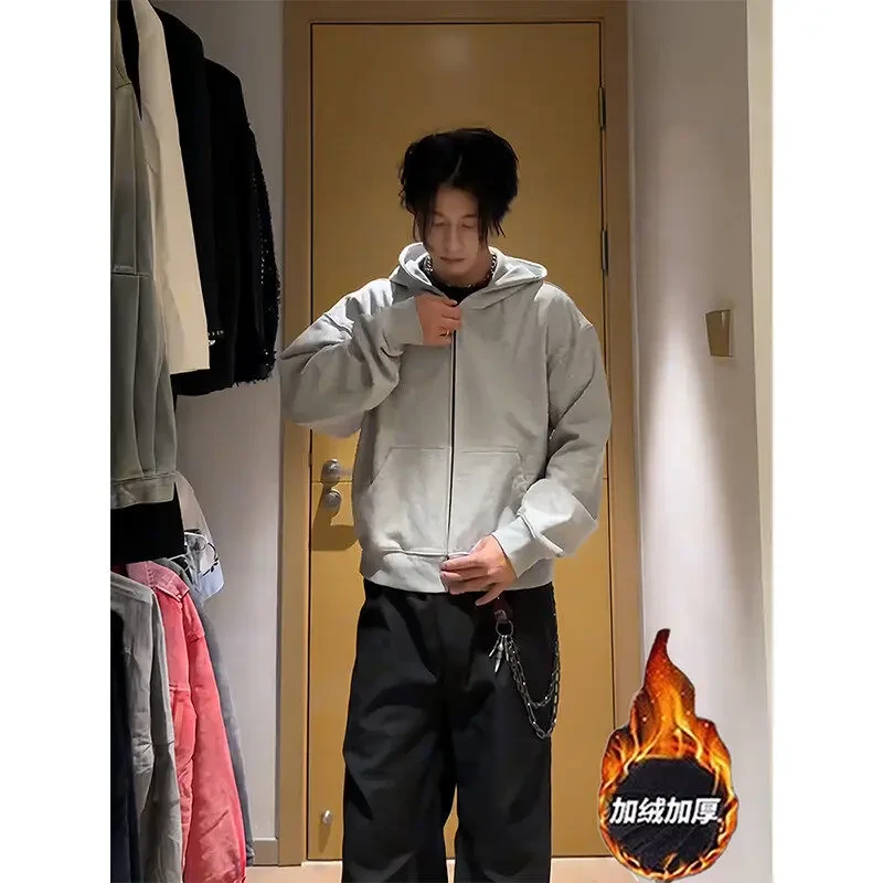 行星世界cleanfit灰色开衫卫衣男款春秋显瘦美式重磅硬挺连帽外套