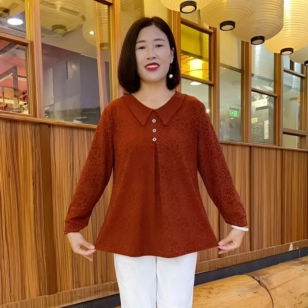 2024秋季长袖翻领时尚显瘦三粒扣纯色妈妈装上衣