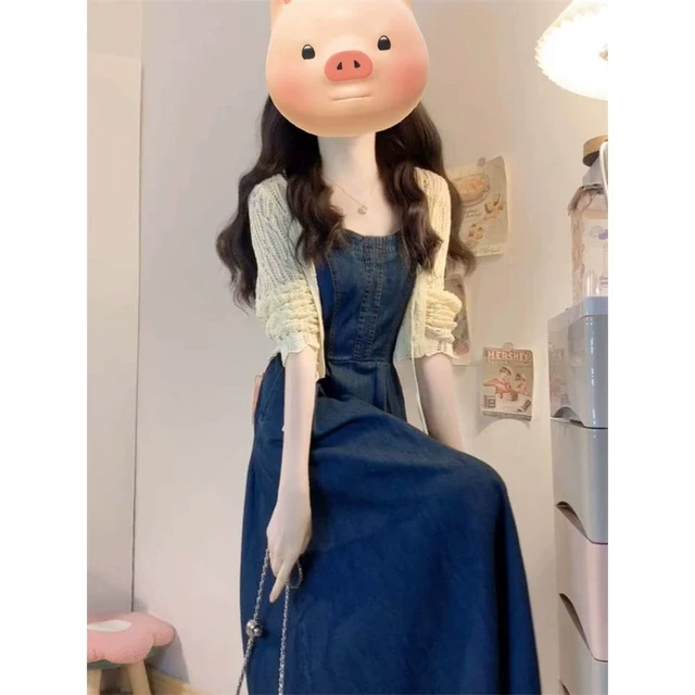 韩版复古牛仔吊带连衣裙搭配百搭薄款防晒开衫披肩女学生两件套装