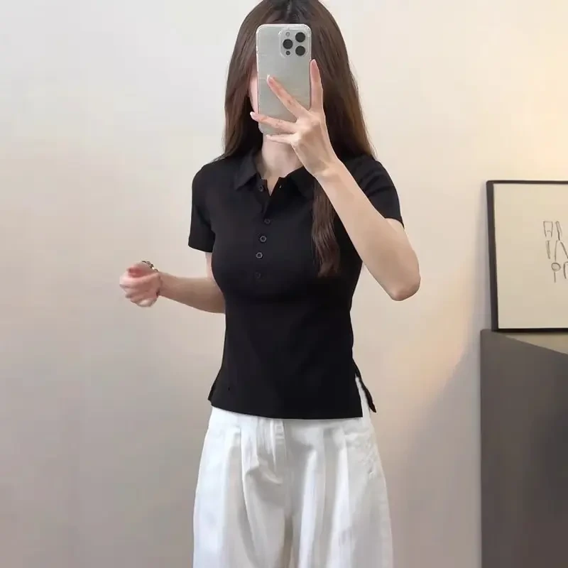 大码女装短袖T恤上衣夏季韩系chic别致正肩Polo领修身上衣-6016