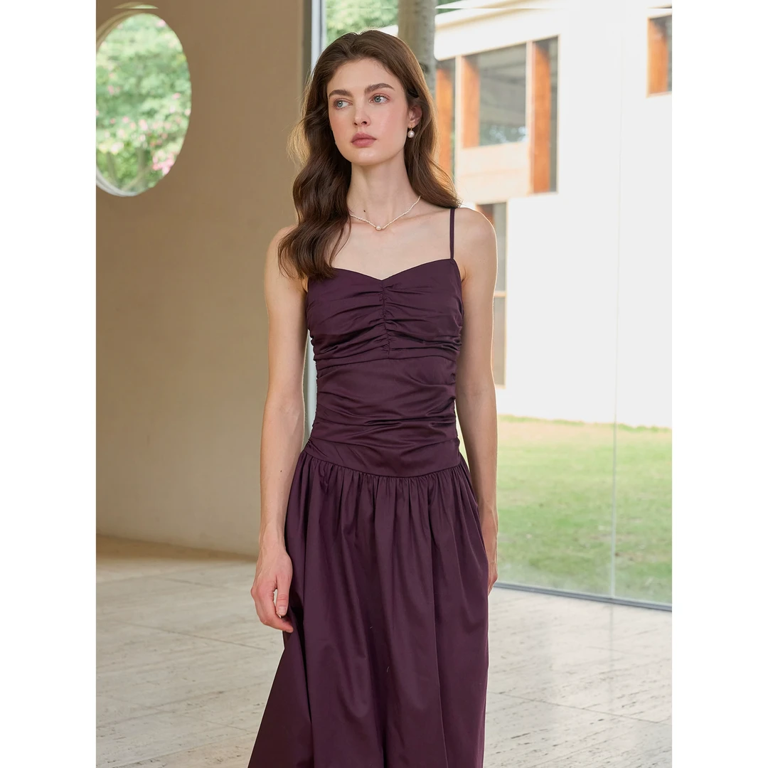 Miorastudio法式褶皱度假吊带裙子礼服气质高级感紫色连衣裙长裙