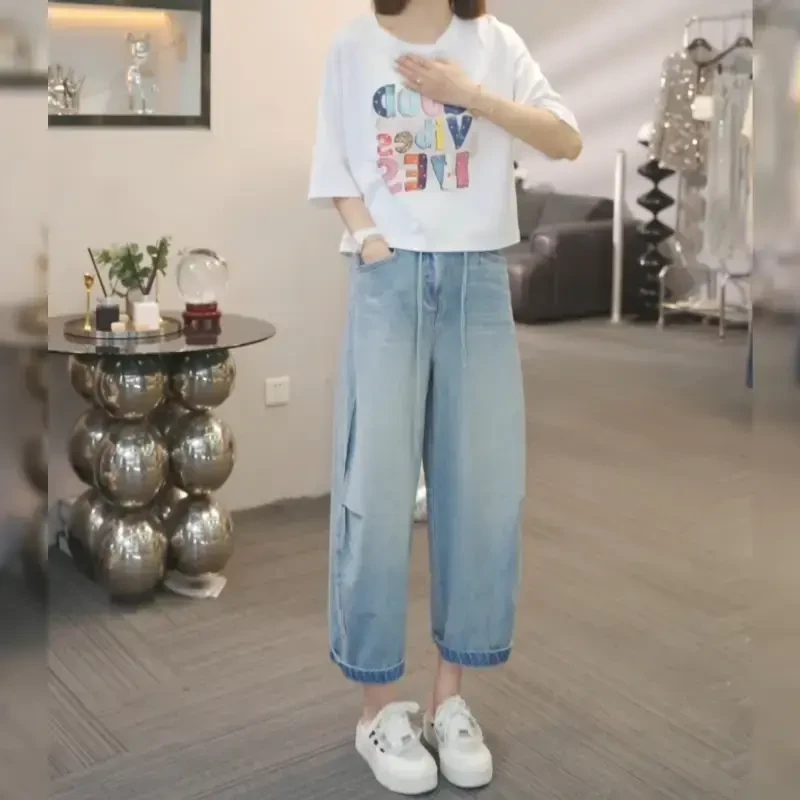 蓝珀叠境时尚设计山本牛仔裤女2025夏季薄款大码梨型小个子九分裤