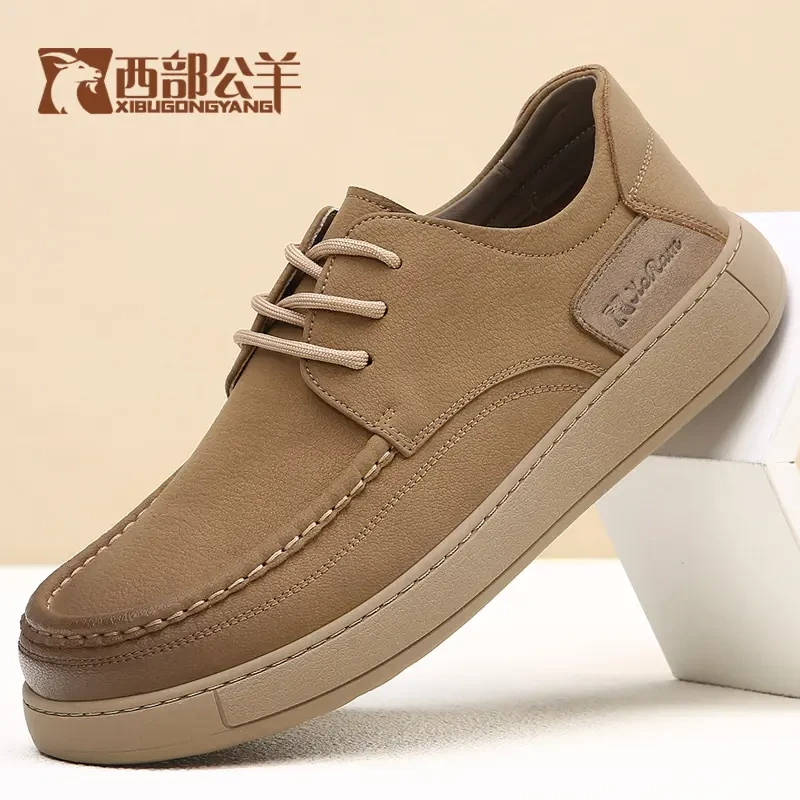 西部公羊2025秋季休闲皮鞋耐磨男士工作鞋系带英伦风男士皮鞋休闲