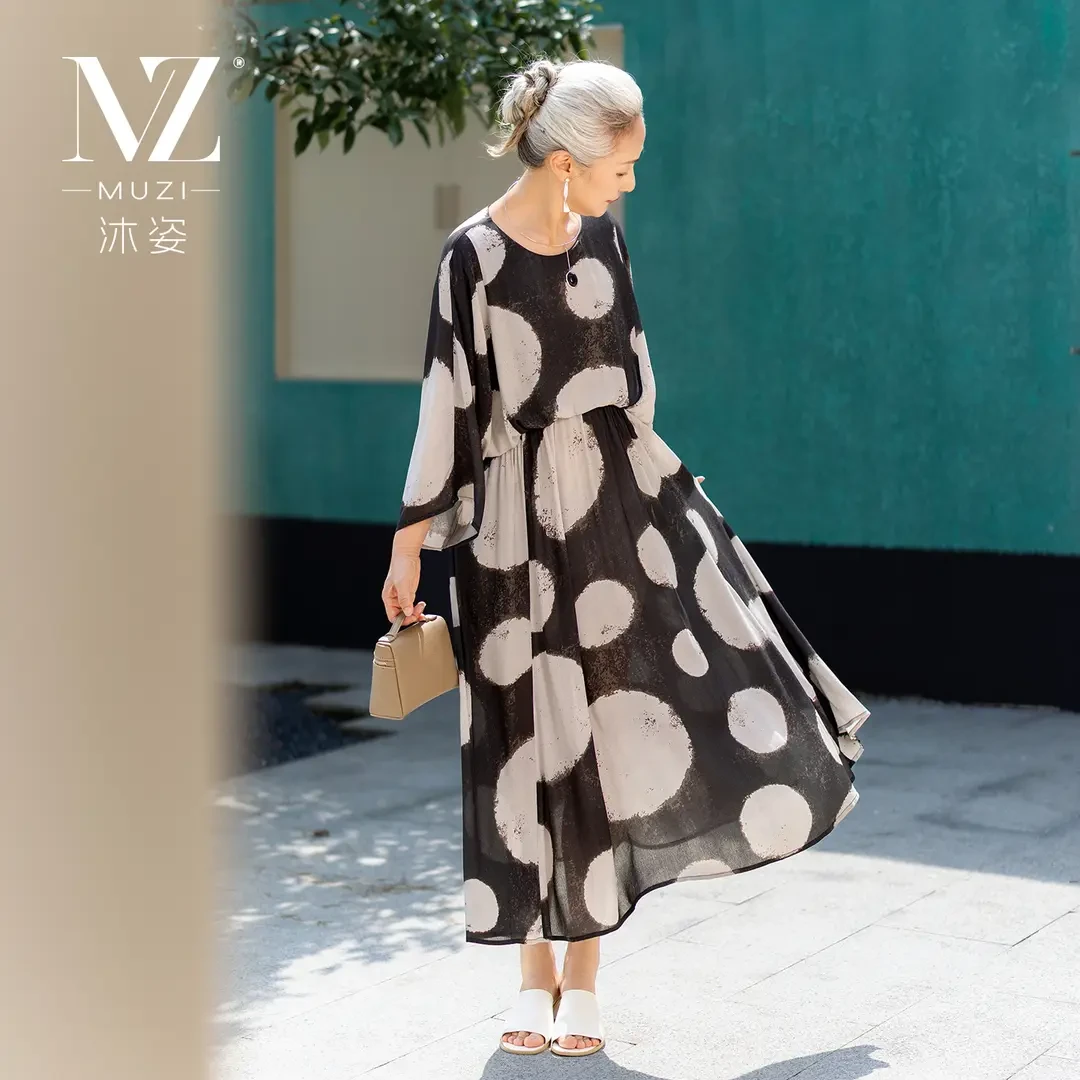 沐姿中年女装夏装短袖波点连衣裙中老年妈妈装端庄大气薄款长裙子