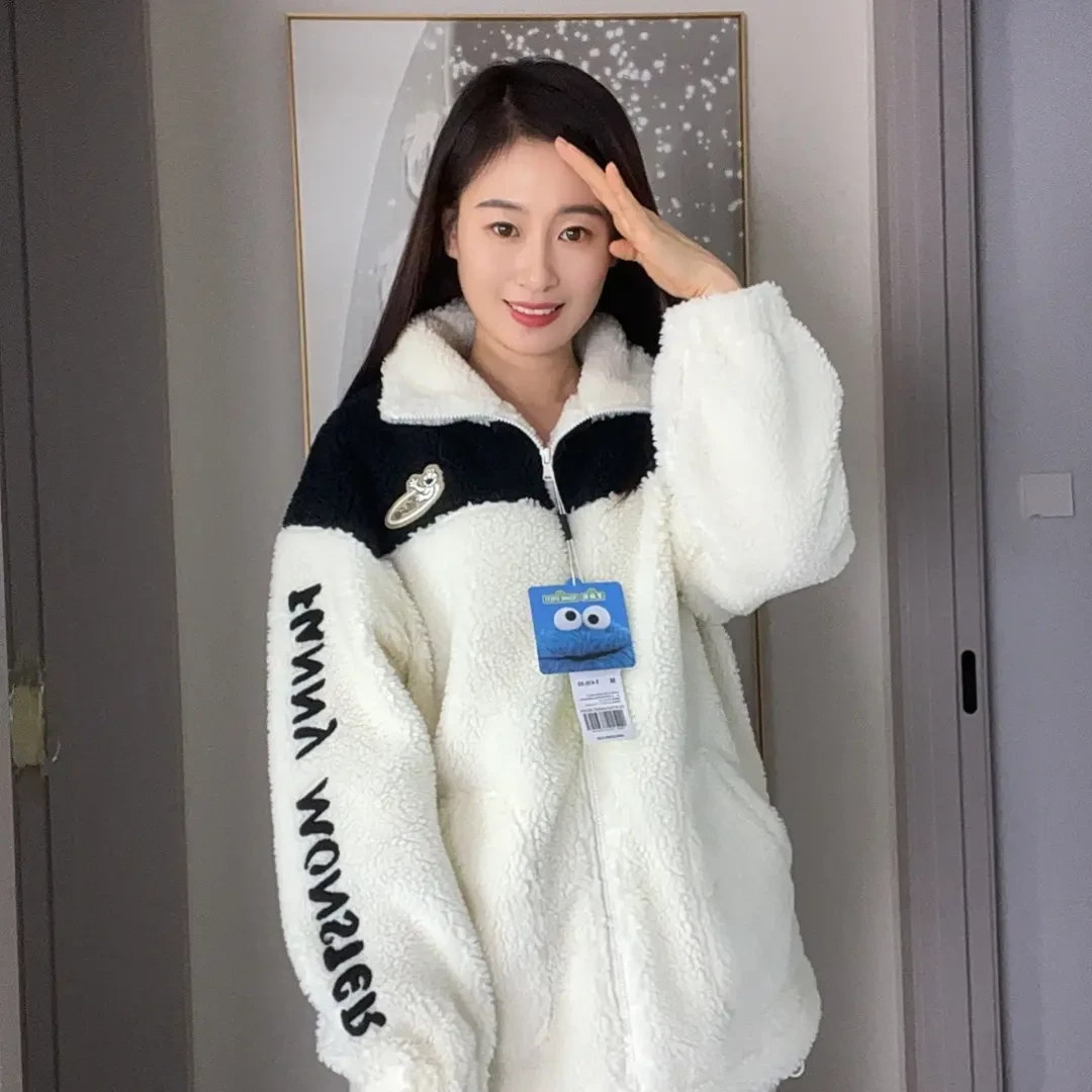 冬季棉袄外套男女双面穿羊羔绒刺绣立领拼接保暖棉衣秋冬季