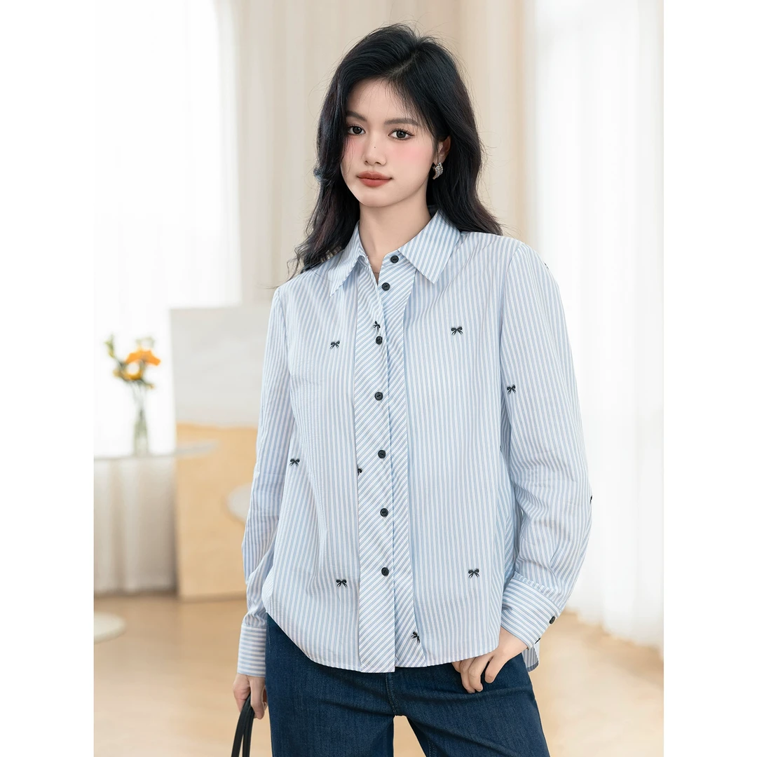 宿本【海盐薄荷】条纹衬衫2025春设计感蝴蝶结长袖衬衣1510041CC