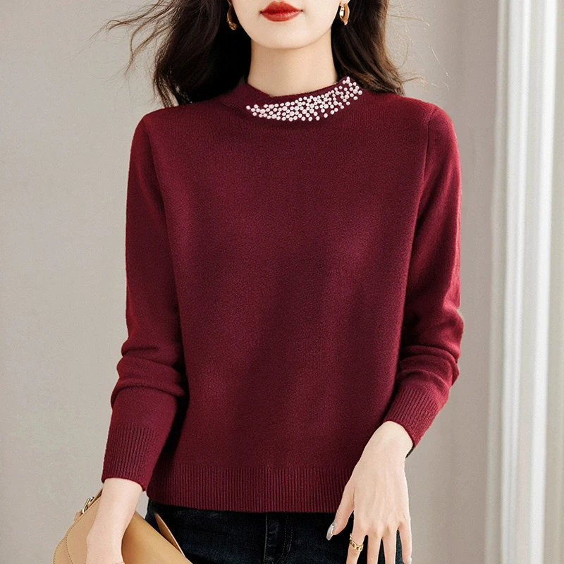 大码女装2025春秋新款宽松打底衫胖MM减龄百搭气质钉珠针织衫上衣