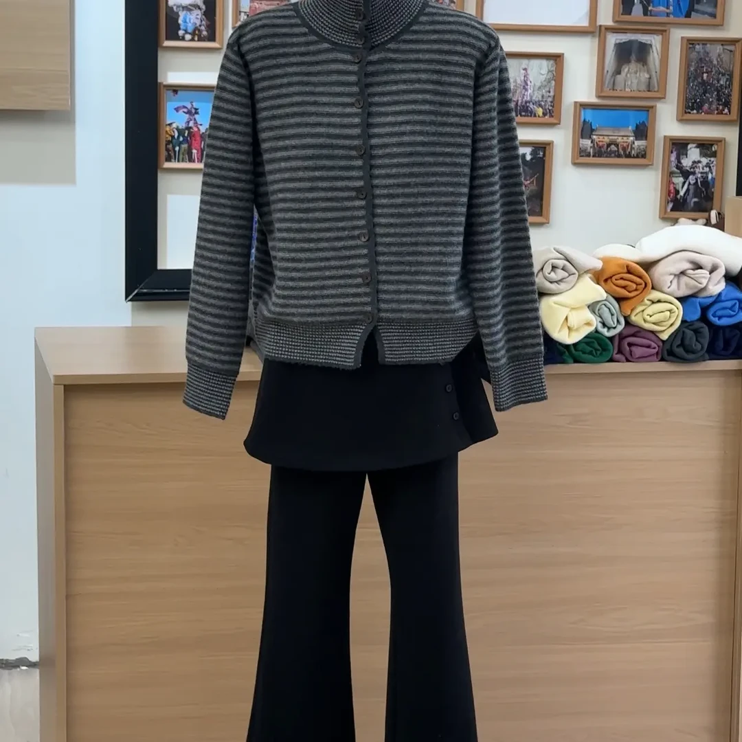 秋冬新款韩系风格条纹百搭宽松针织开衫女