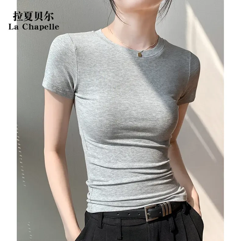 LaChapelle/拉夏贝尔欧若风修身正肩T恤纯色半袖上衣女t恤女款