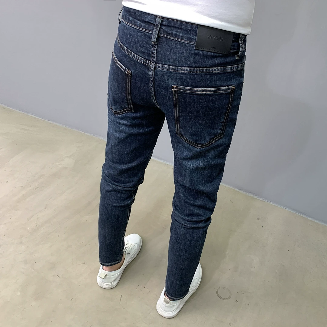 新款水洗牛仔裤男做旧复古蓝色休闲百搭潮流修身小脚弹力韩版长裤