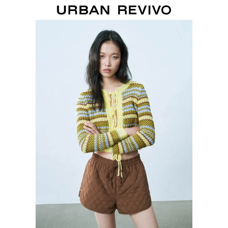 UR2025春季新品女装欧若风撞色编织肌理感系带针织开衫UYL950035