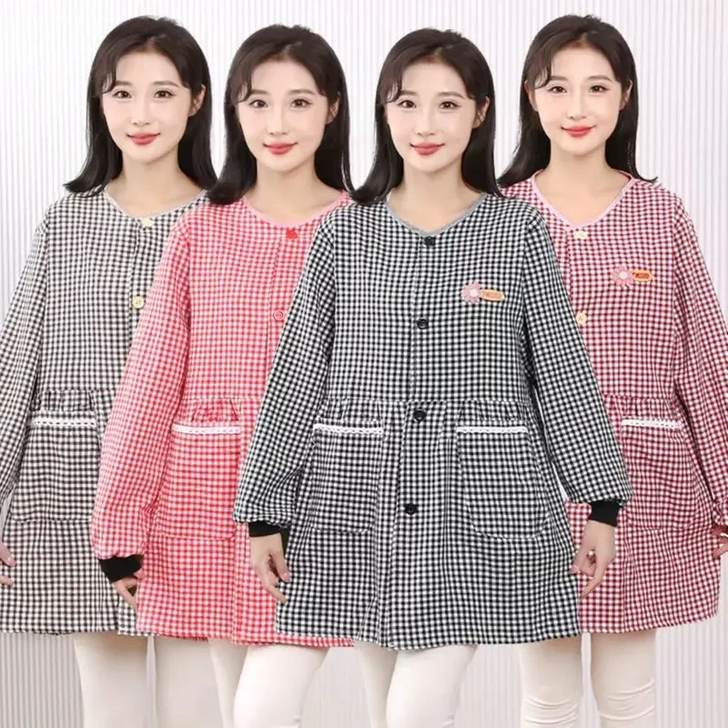 新款正穿衣前扣围裙罩衣长袖防污外穿厨房家务上班干活工作服洋气