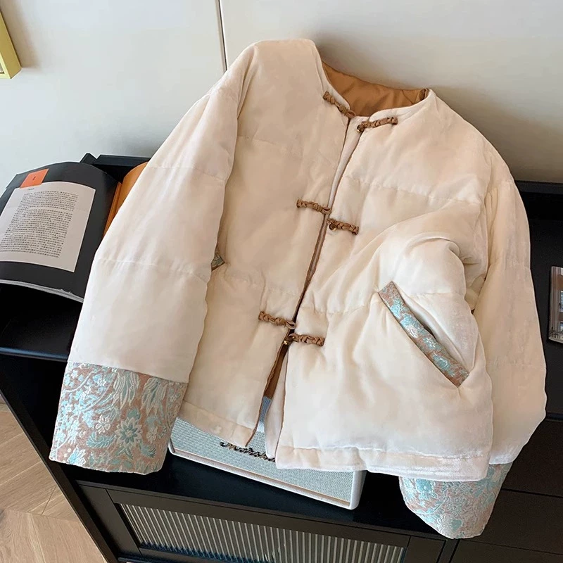 新中式国风提花加厚棉服女装2025冬季新款高级设计感盘扣棉衣外套