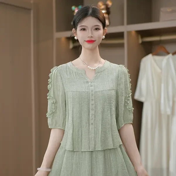 夏季新款优雅百搭时尚修身显瘦简约气质连衣裙减龄M-4XL宽松遮肚