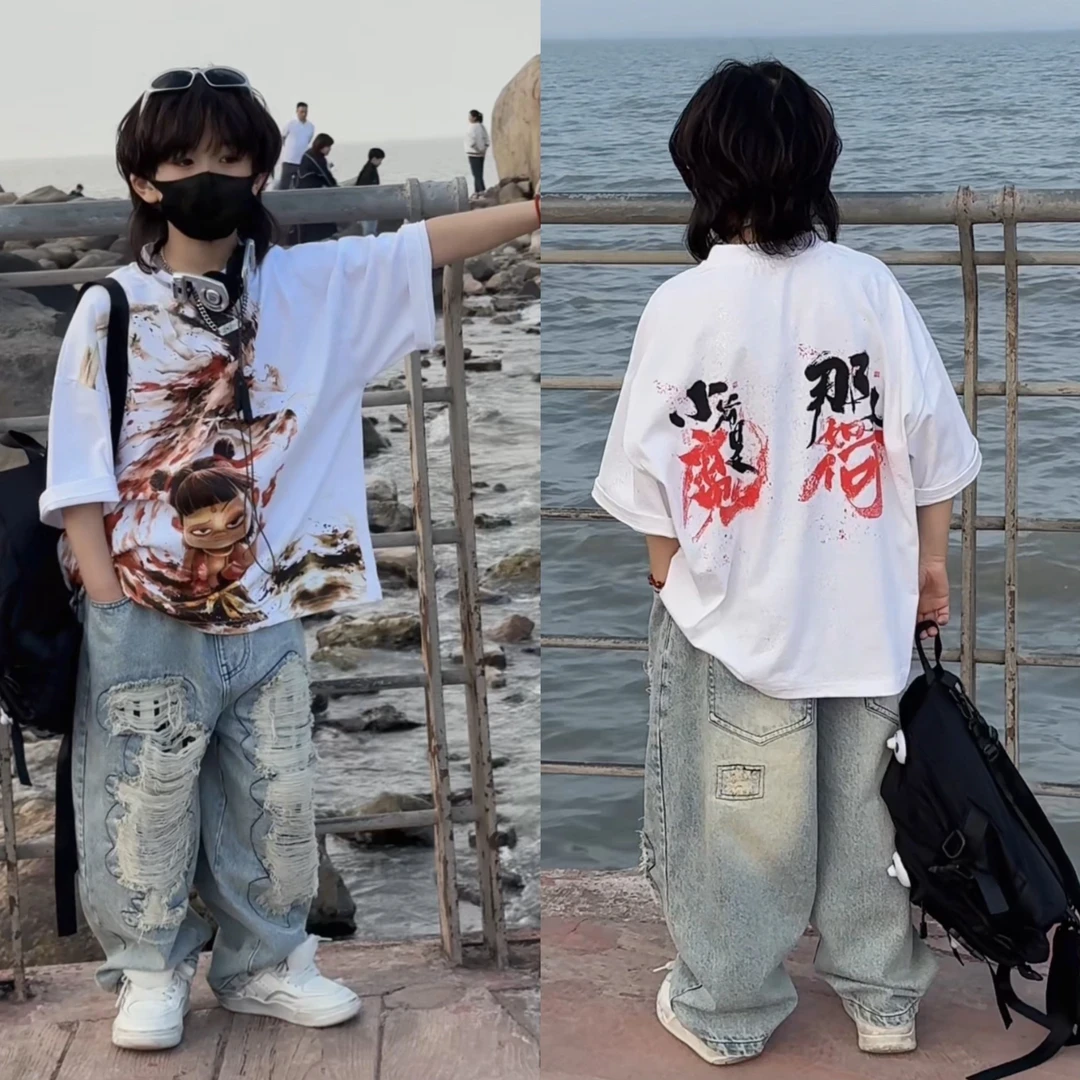男童哪吒短袖T恤儿童2025夏装新款动漫半袖体恤大童夏季上衣童装