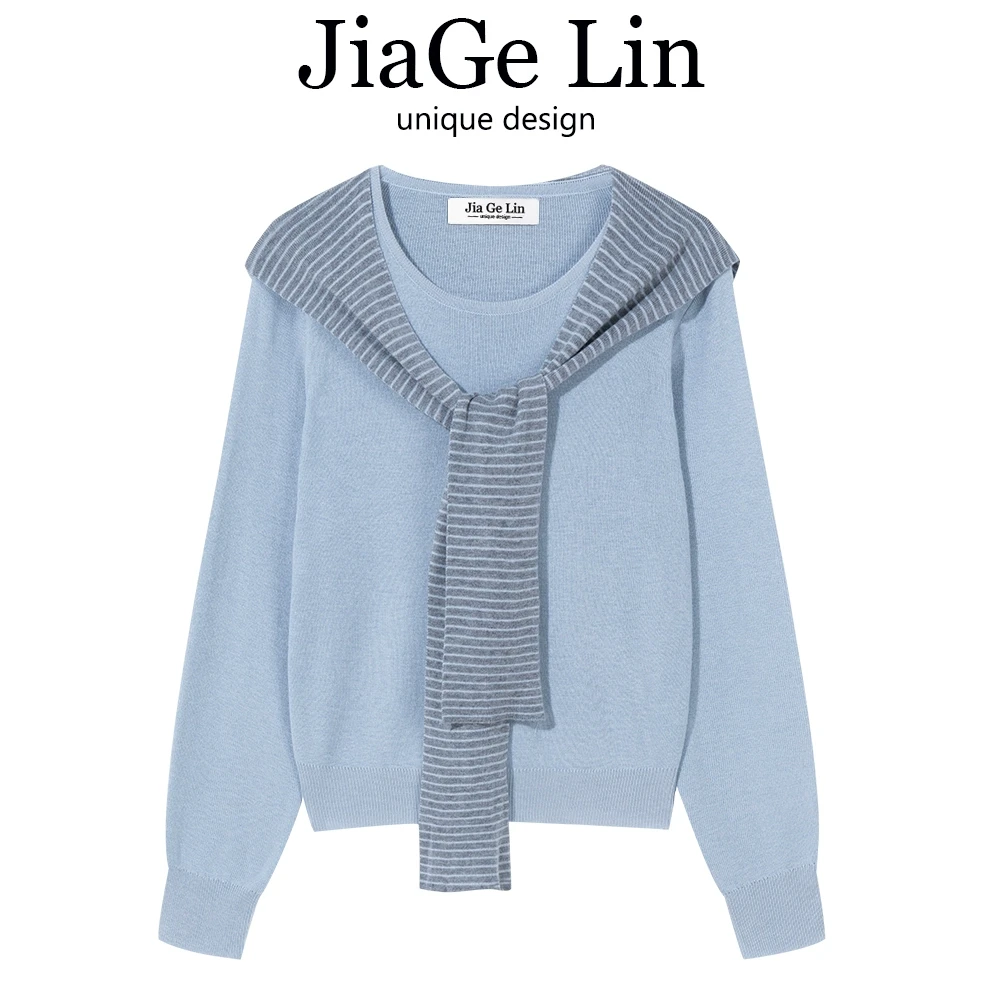 JiaGeLin早春穿搭假两件蓝色上衣女设计感小众连帽条纹披肩针织衫