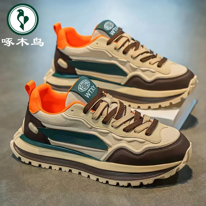 【正品】啄木鸟男鞋2025新款厚底增高时尚休闲鞋男士运动跑步老爹鞋