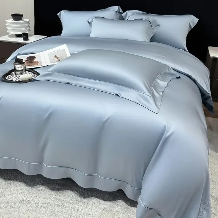 水星家纺高档100%长绒棉四件套纯色丝滑凉感被罩轻奢简约套件