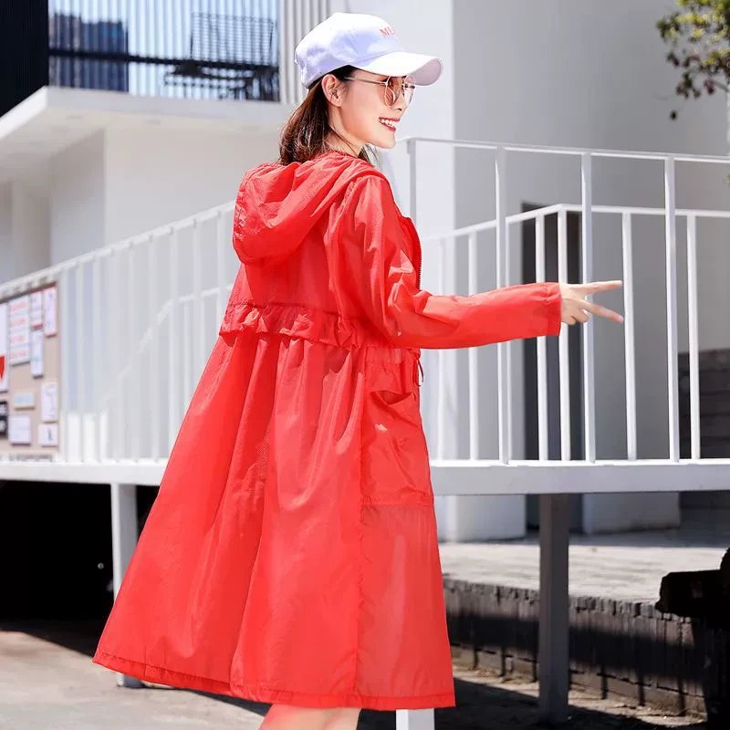 夏季收腰防晒衣女长款新款中长薄外套过膝宽松带帽海边沙滩防晒衫