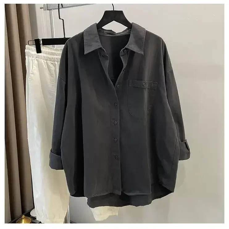 高级感灰色工装衬衫女宽松2025新款简约大气休闲叠穿纯棉衬衣外套