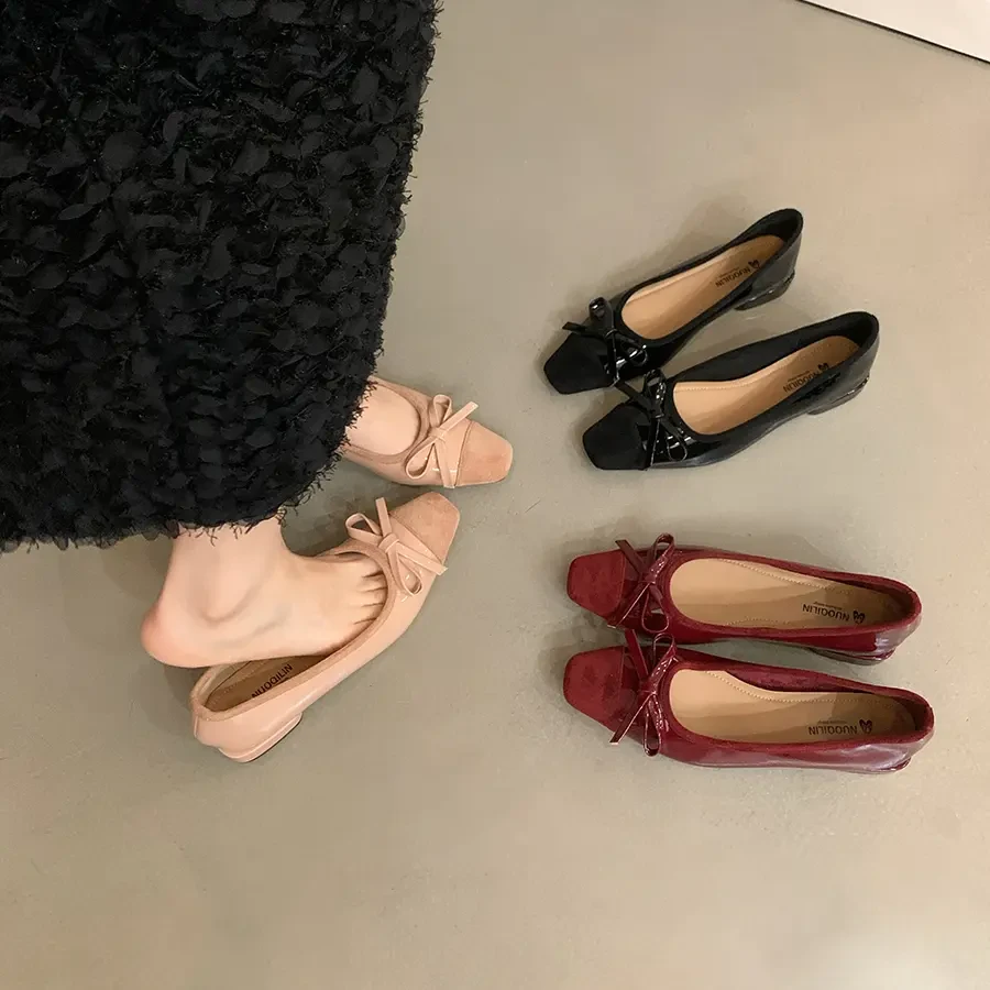 绝美法式浅口单鞋女春秋新款气质温柔仙女风蝴蝶结粉色通勤粗跟鞋