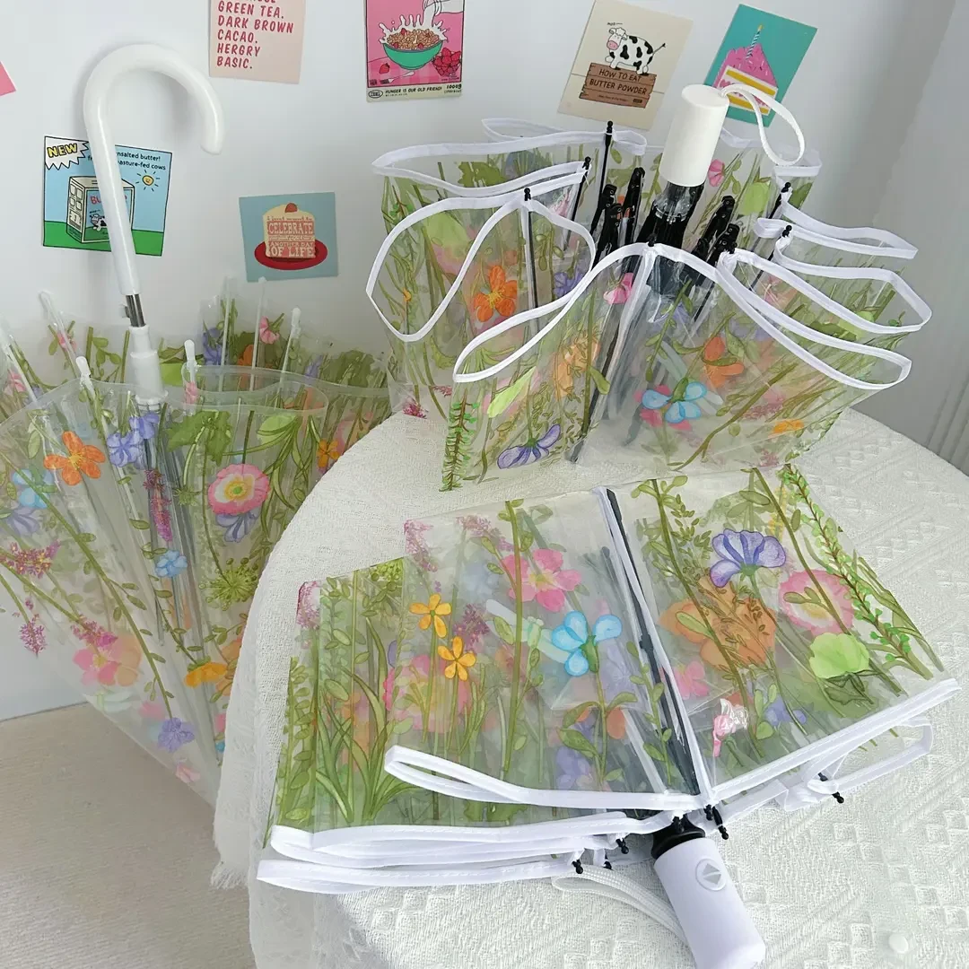 森系小清新花草透明雨伞加厚折叠手动自动长柄伞高颜值拍照神器