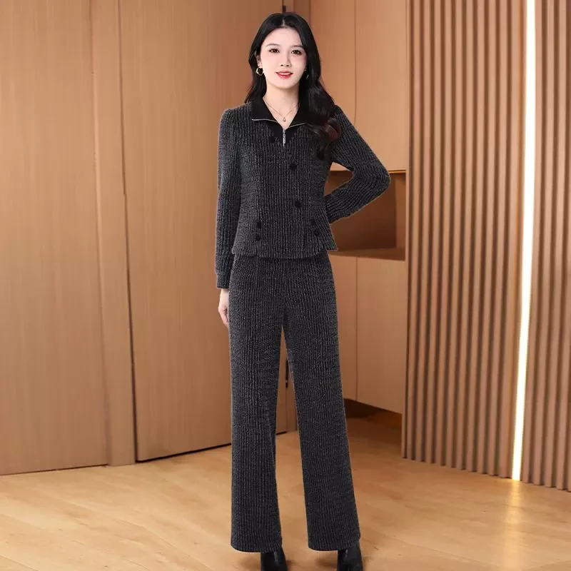 小香风polo领修身灯芯绒上衣阔腿裤套装女小个子妈妈秋冬季配大衣