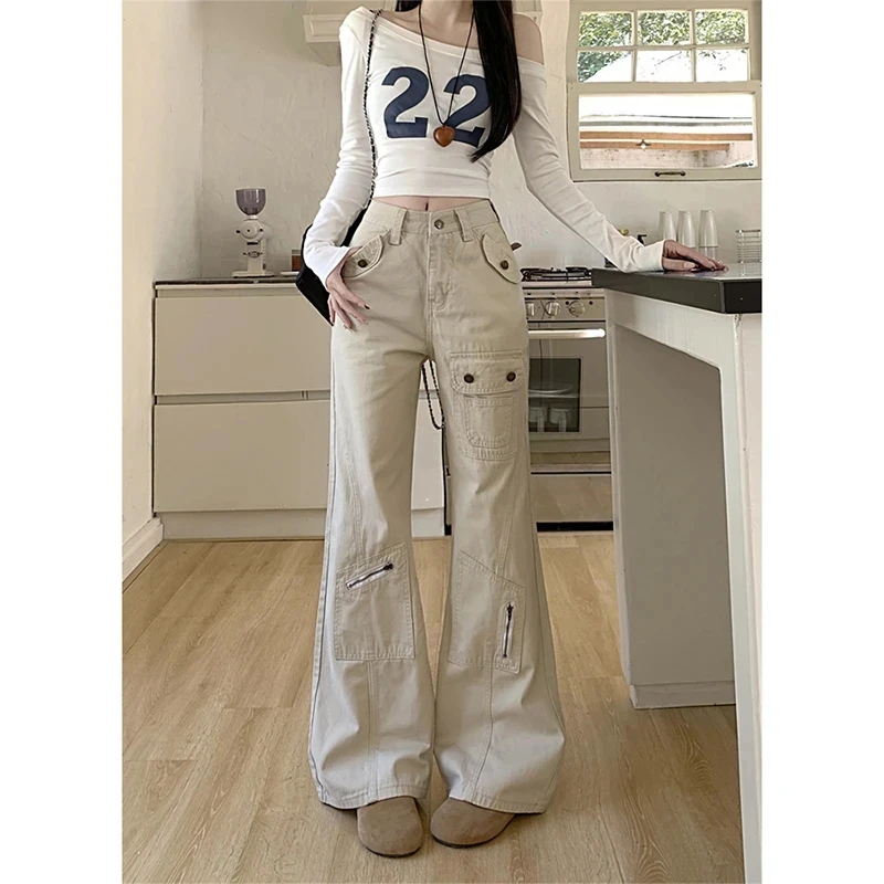 大码美式杏色多口袋微喇牛仔裤女2025夏季新款设计感休闲工装长裤