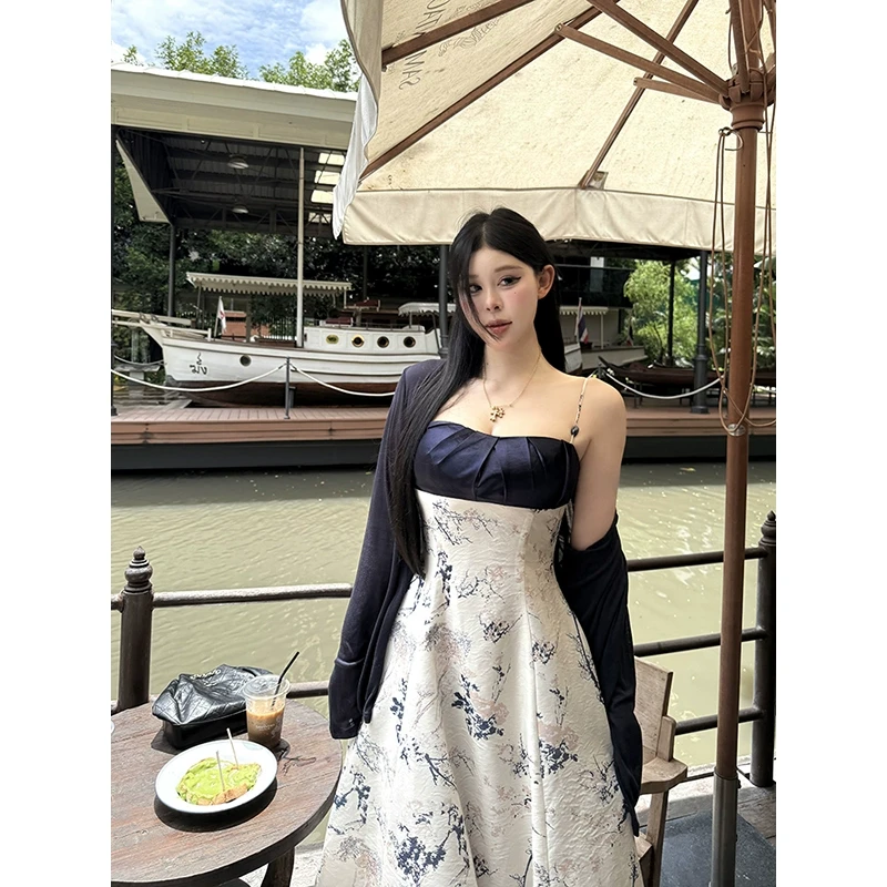 黑泽玄七“午后兰亭序”夏季显瘦国风新中式定染印花拼接出游连衣裙