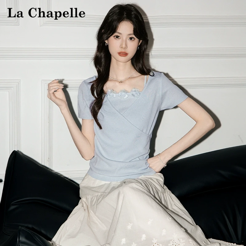 拉夏贝尔立体花朵方领短袖T恤女2025夏季新款正肩修身收腰上衣潮