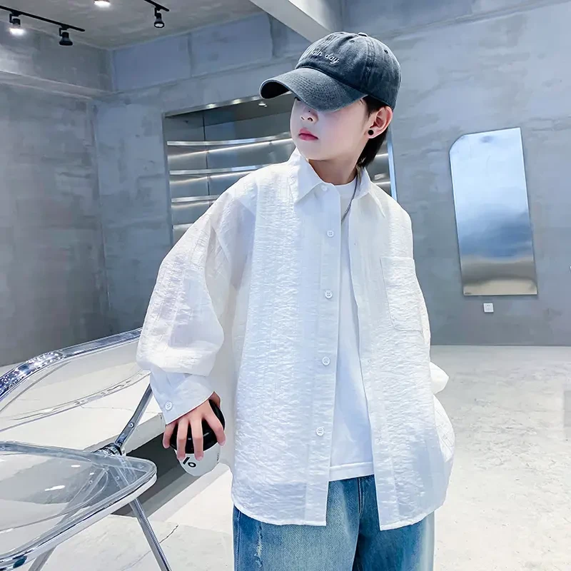 男大童夏季长袖防晒薄款白衬衫2025新款儿童男孩帅气冰丝衬衣外套