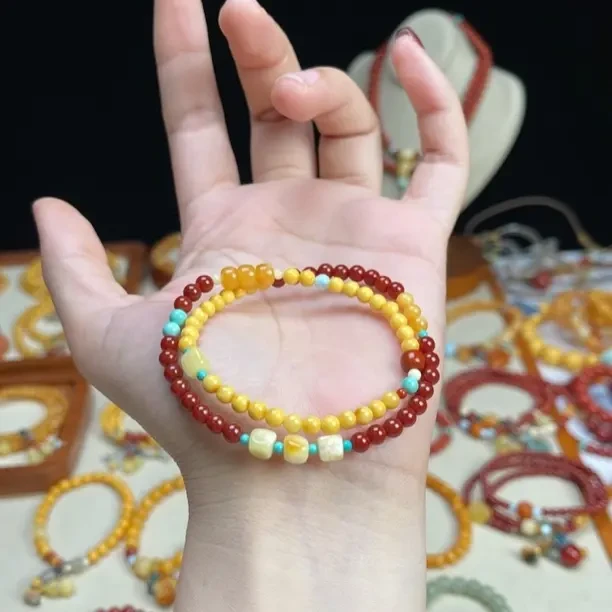 天然原矿满蜜满蜡鸡油黄蜜蜡双圈手链