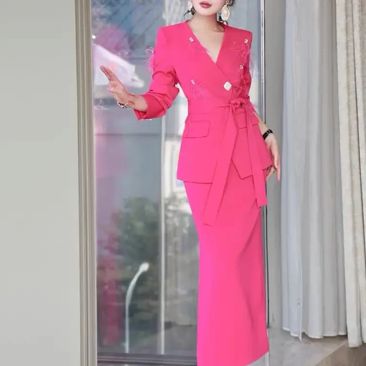 轻奢时尚羽毛水钻西服搭配中长半身裙高级感套装