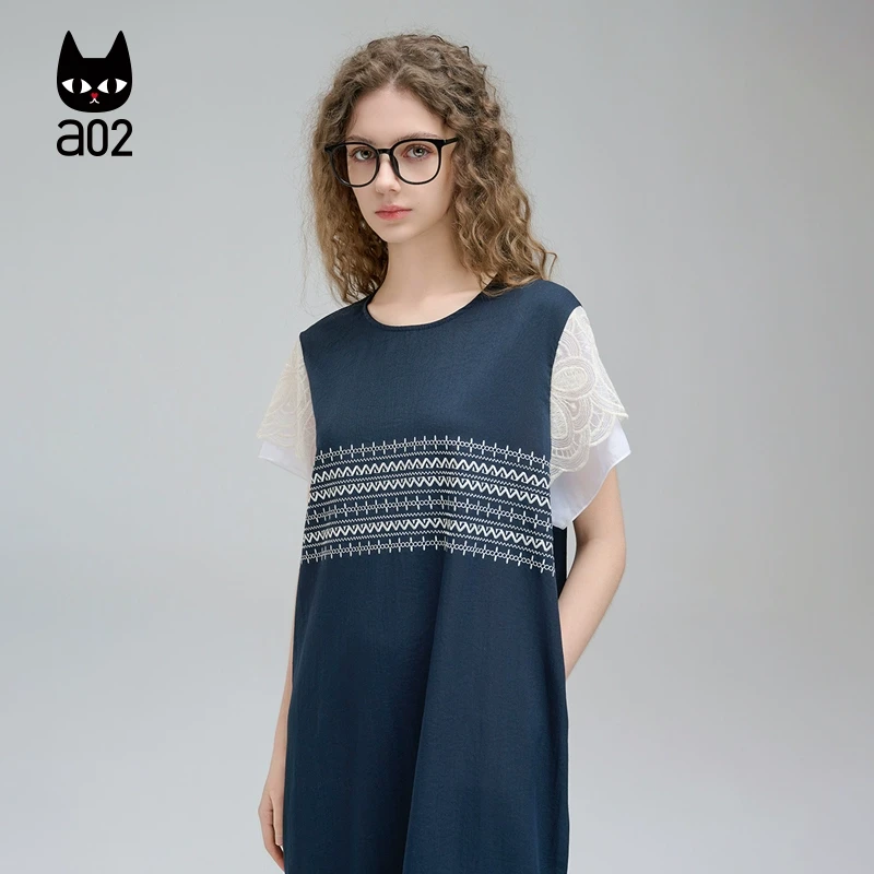 a02假两件蕾丝拼接宽松连衣裙女2025夏季新款设计感裙子夏装