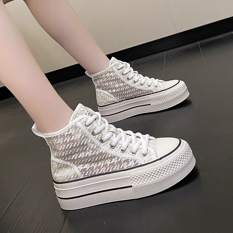 网红高帮小白鞋女2025新款夏季蕾丝网面厚底板鞋透气百搭帆布鞋女