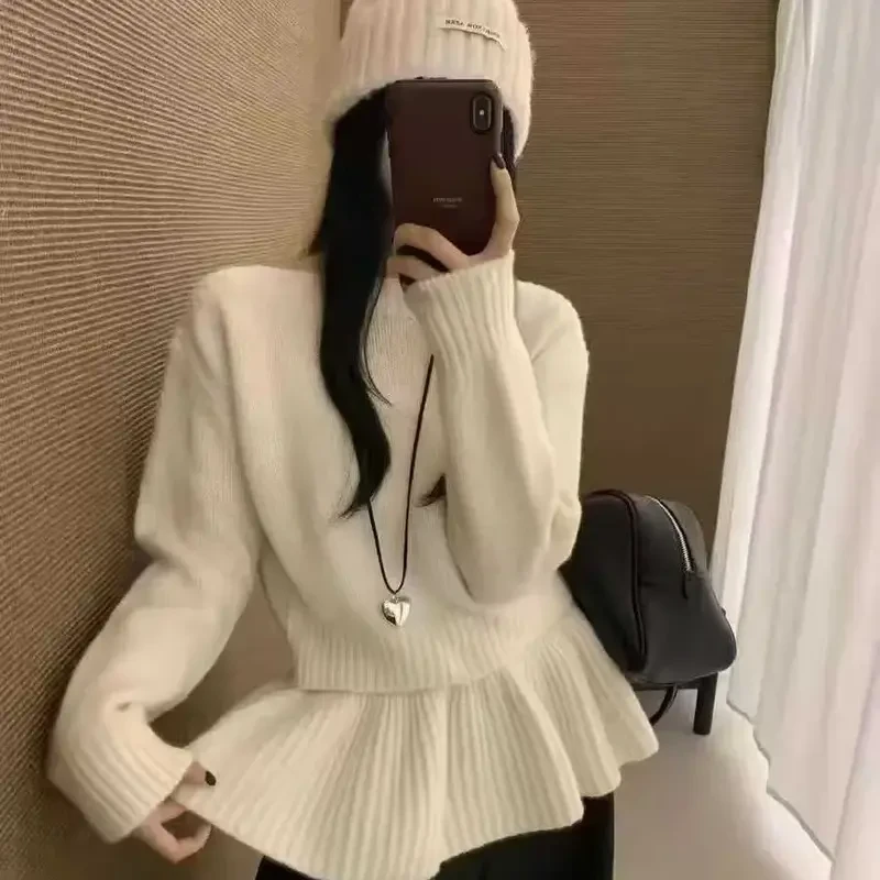欧货秋冬荷叶边拼接裙摆套头毛衣女针织衫内搭上衣慵懒风小众穿搭