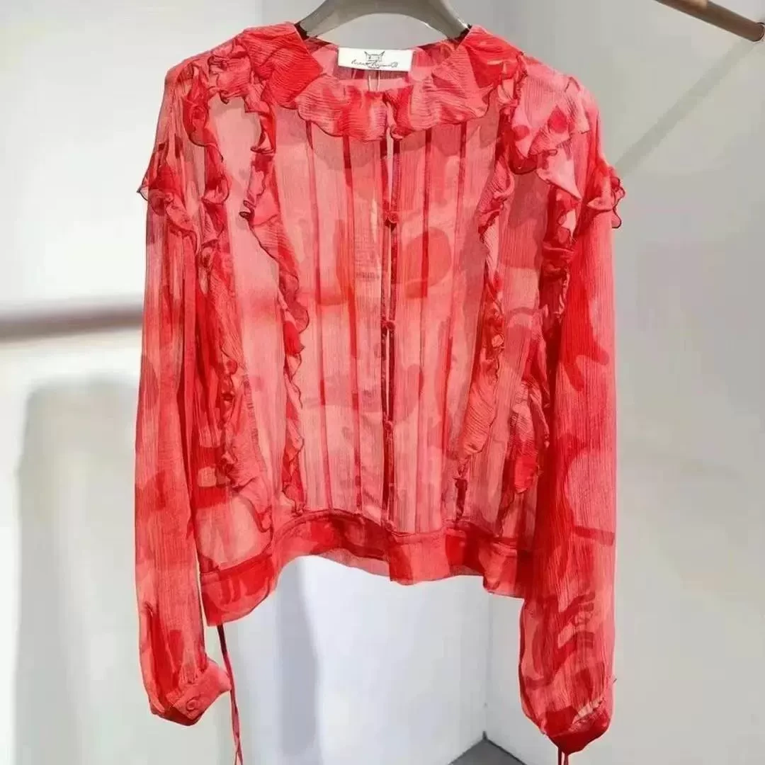 设计师款2025春新品小怪兽印花木耳边透视叠穿绑带长袖衬衫女