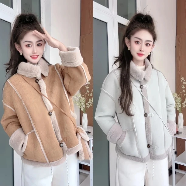 2024冬季新款韩版设计感小众拼接加厚机车外套皮毛一体大衣配包包