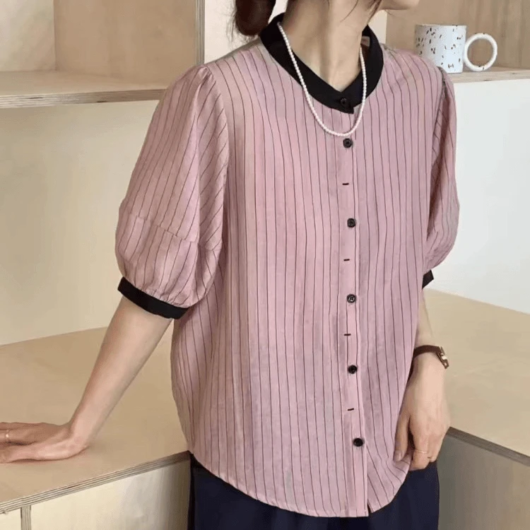 240480竖条拼色休闲百搭夏季衬衣