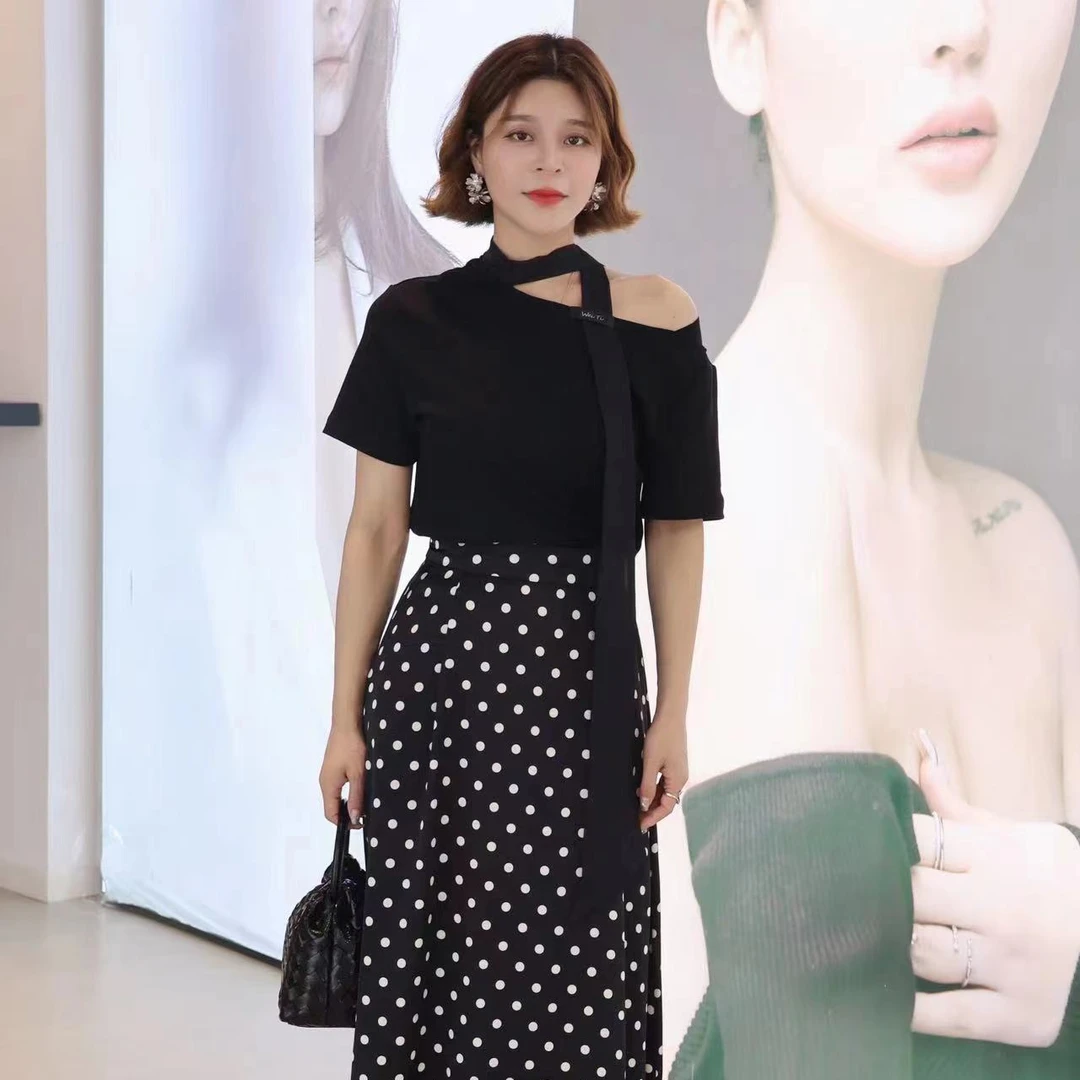 斜肩飘带T恤夏季新款时尚百搭气质显瘦