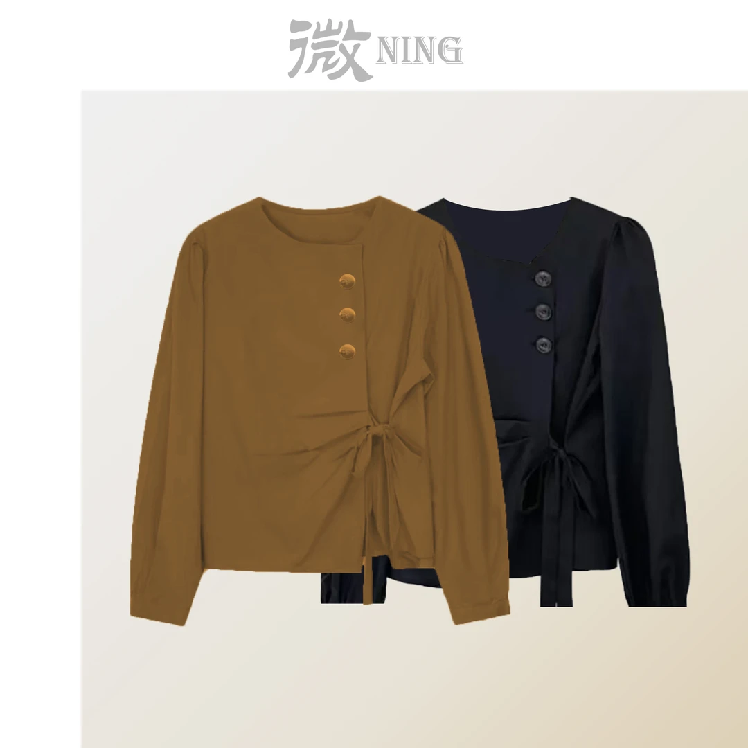 法式系带衬衫秋季百搭纯色小众设计感长袖收腰上衣