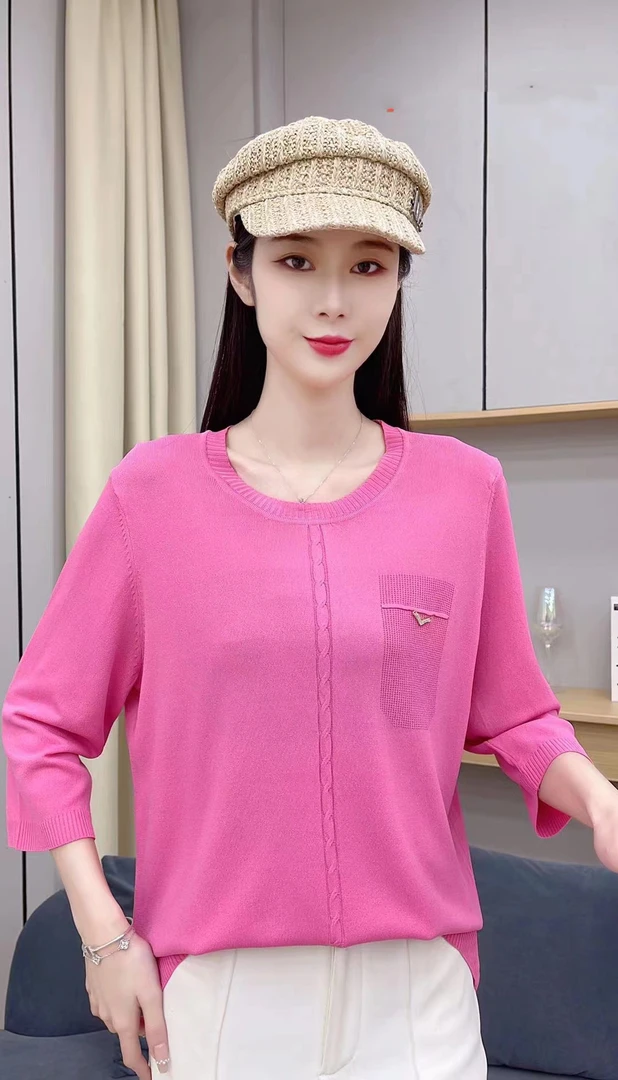 常规显瘦七分袖圆领中袖夏季宽松薄款针织衫开衫毛针织衫百搭