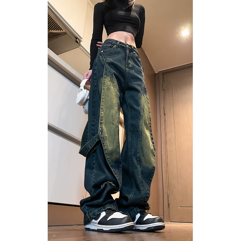 解构拼接水洗牛仔裤男士秋冬美式高街vibe潮牌酷帅阔腿直筒长裤子