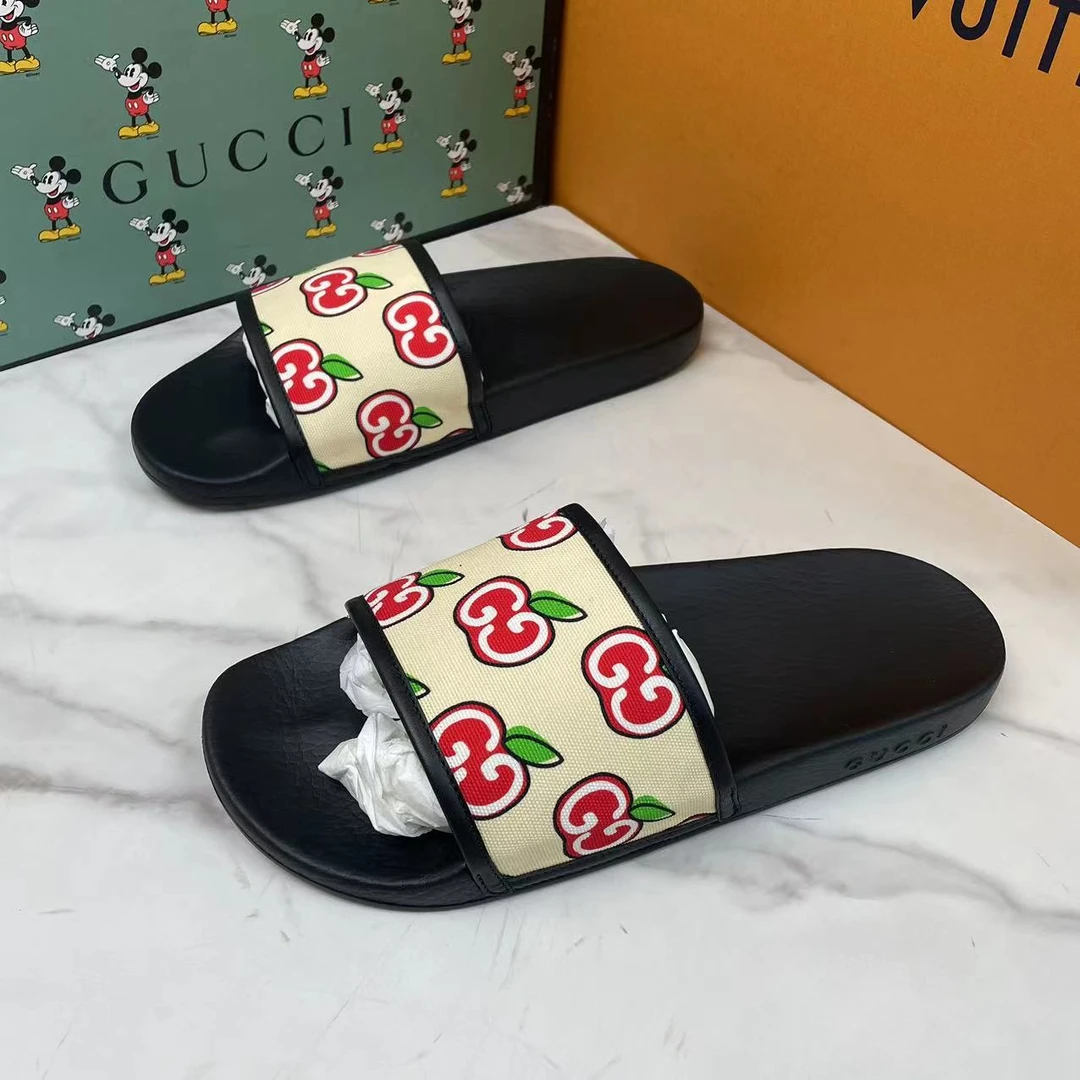 GUCCI/古驰黑底帆布苹果印花休闲百搭潮流拖鞋/40码/全新